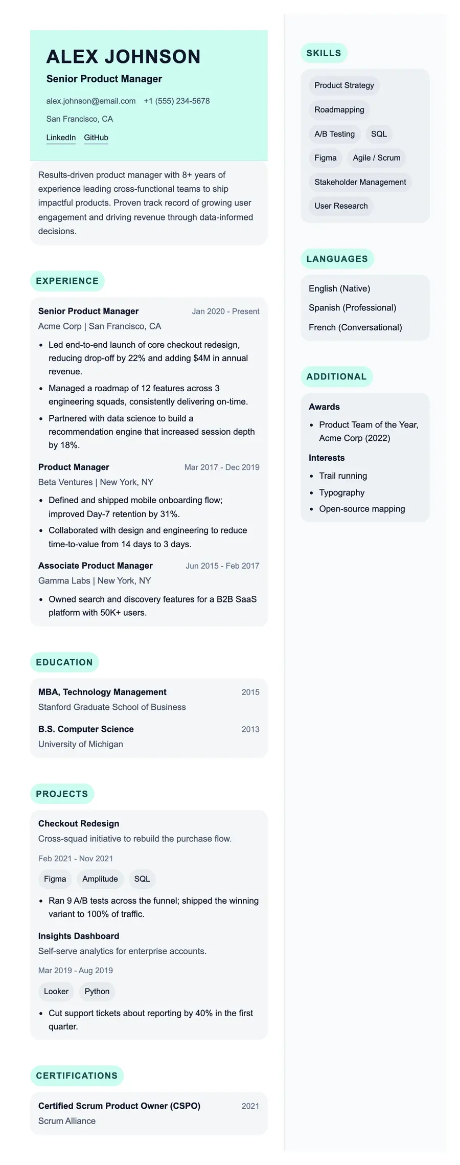 Fresco resume template, shown full size