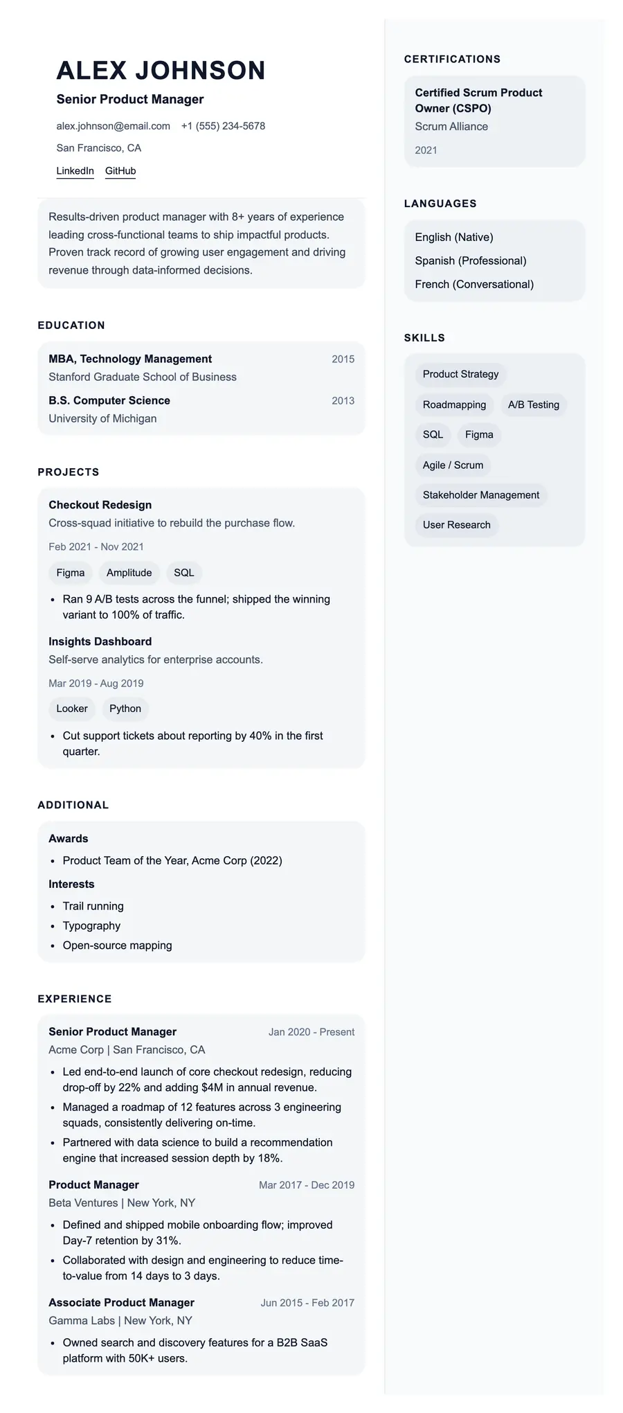 Granville resume template, shown full size