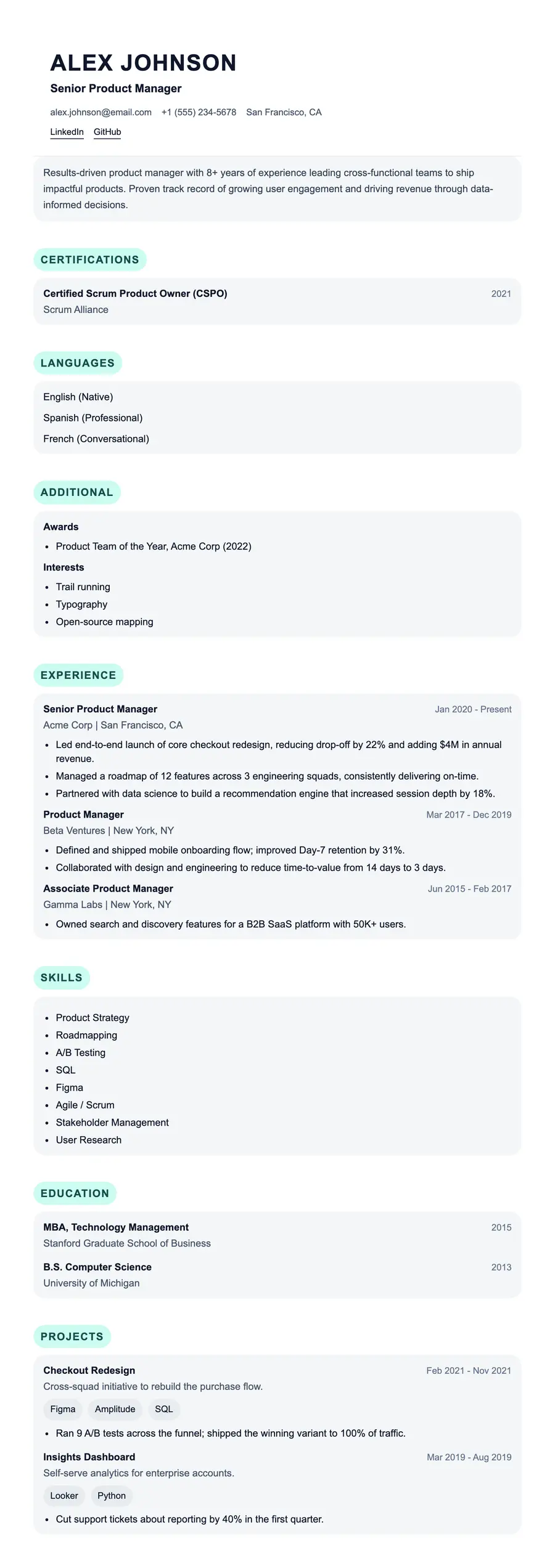 Inkwell resume template, shown full size