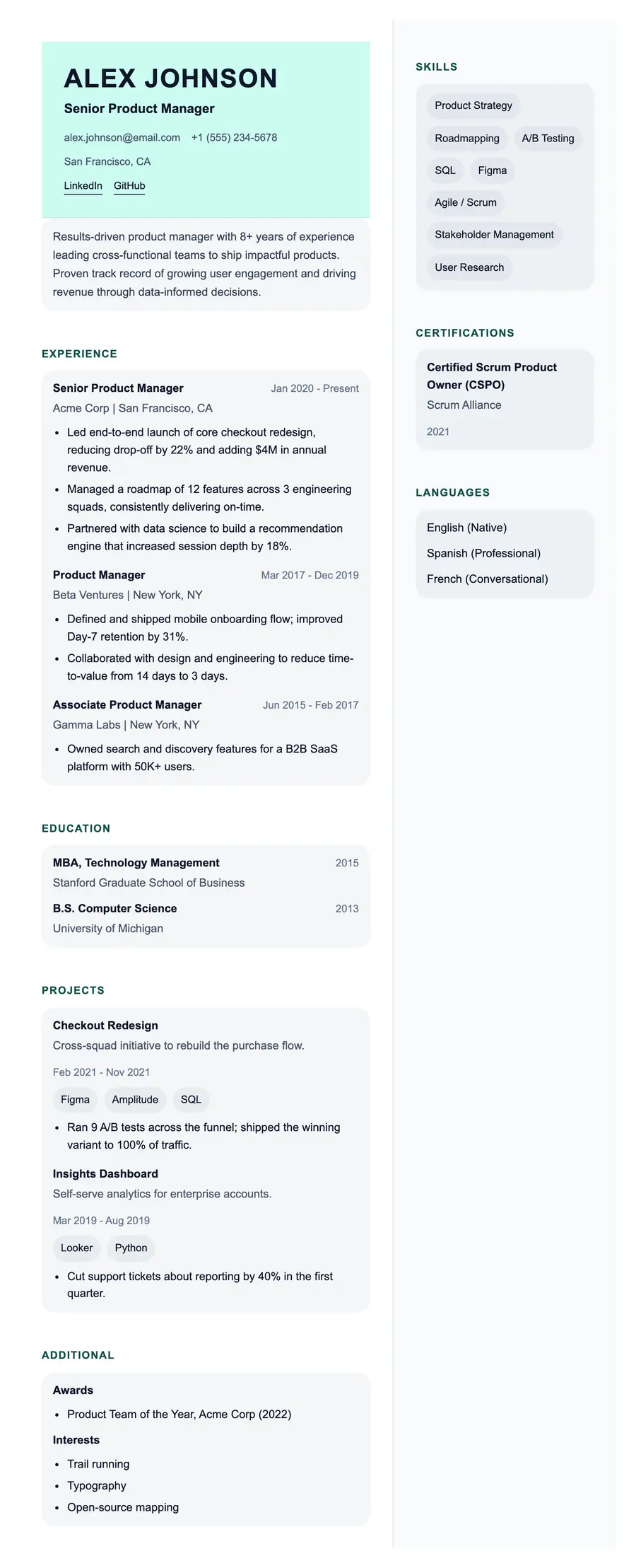 Pemberton resume template, shown full size