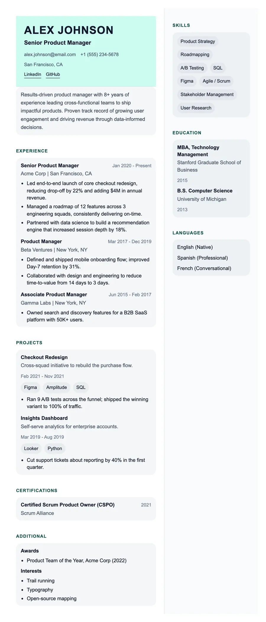 Pigment resume template, shown full size