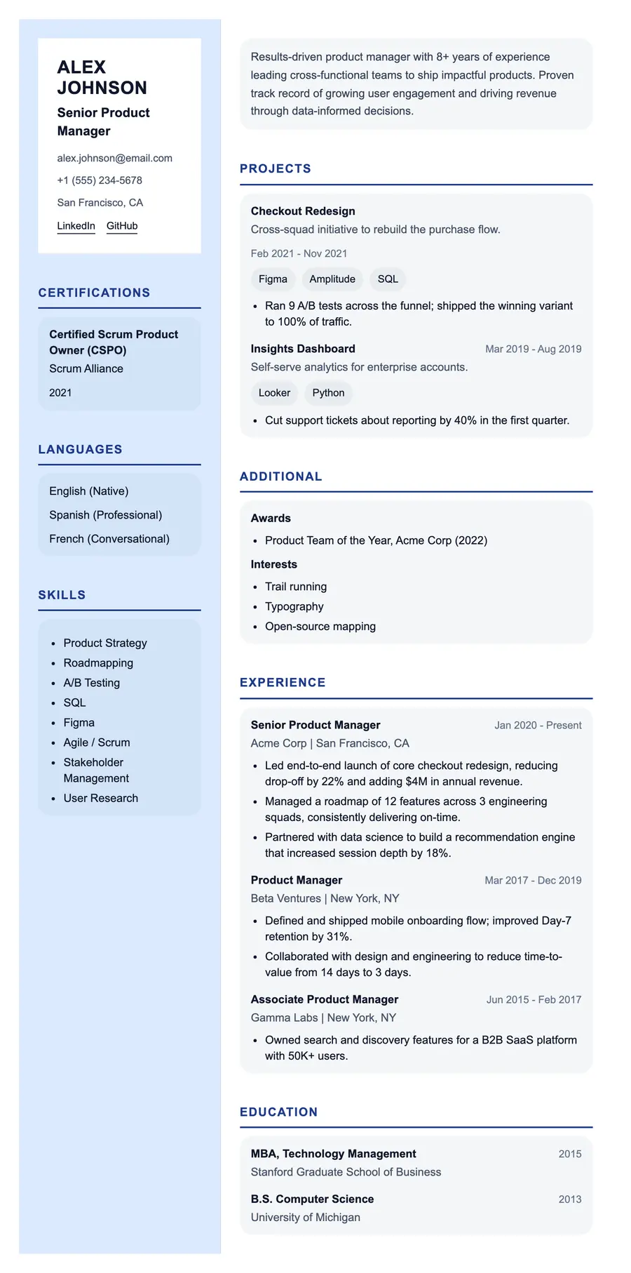 Pipeline resume template, shown full size