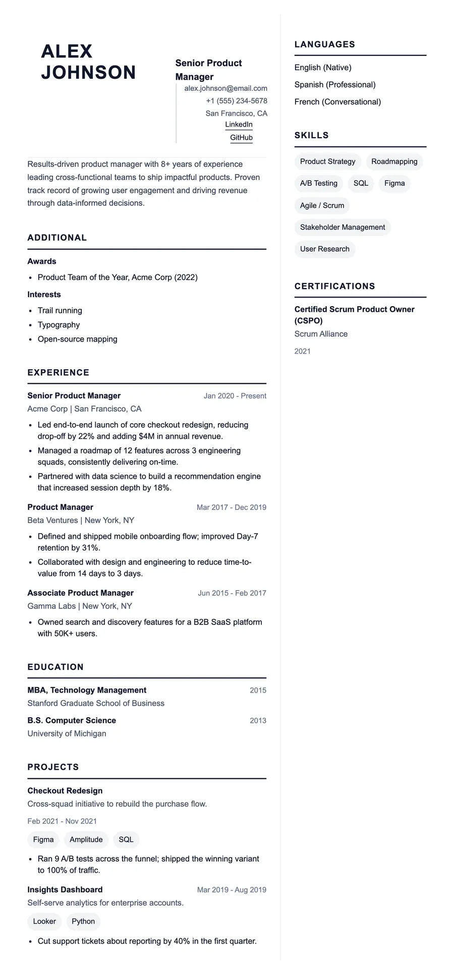Pulse resume template, shown full size