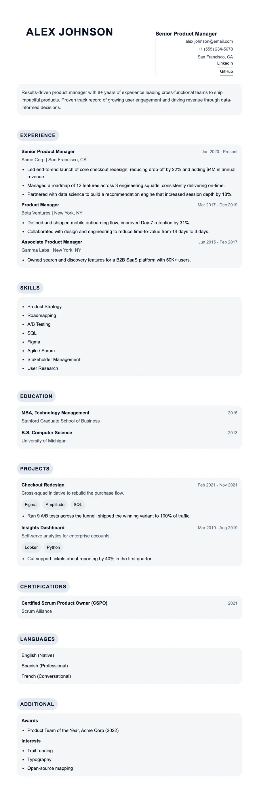 Tessera resume template, shown full size