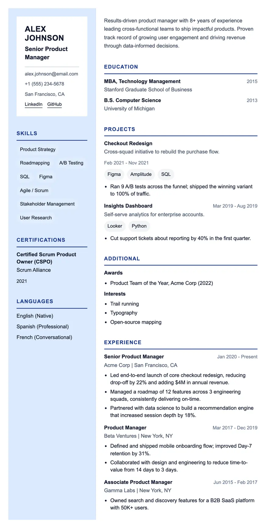 The Mandarin resume template, shown full size