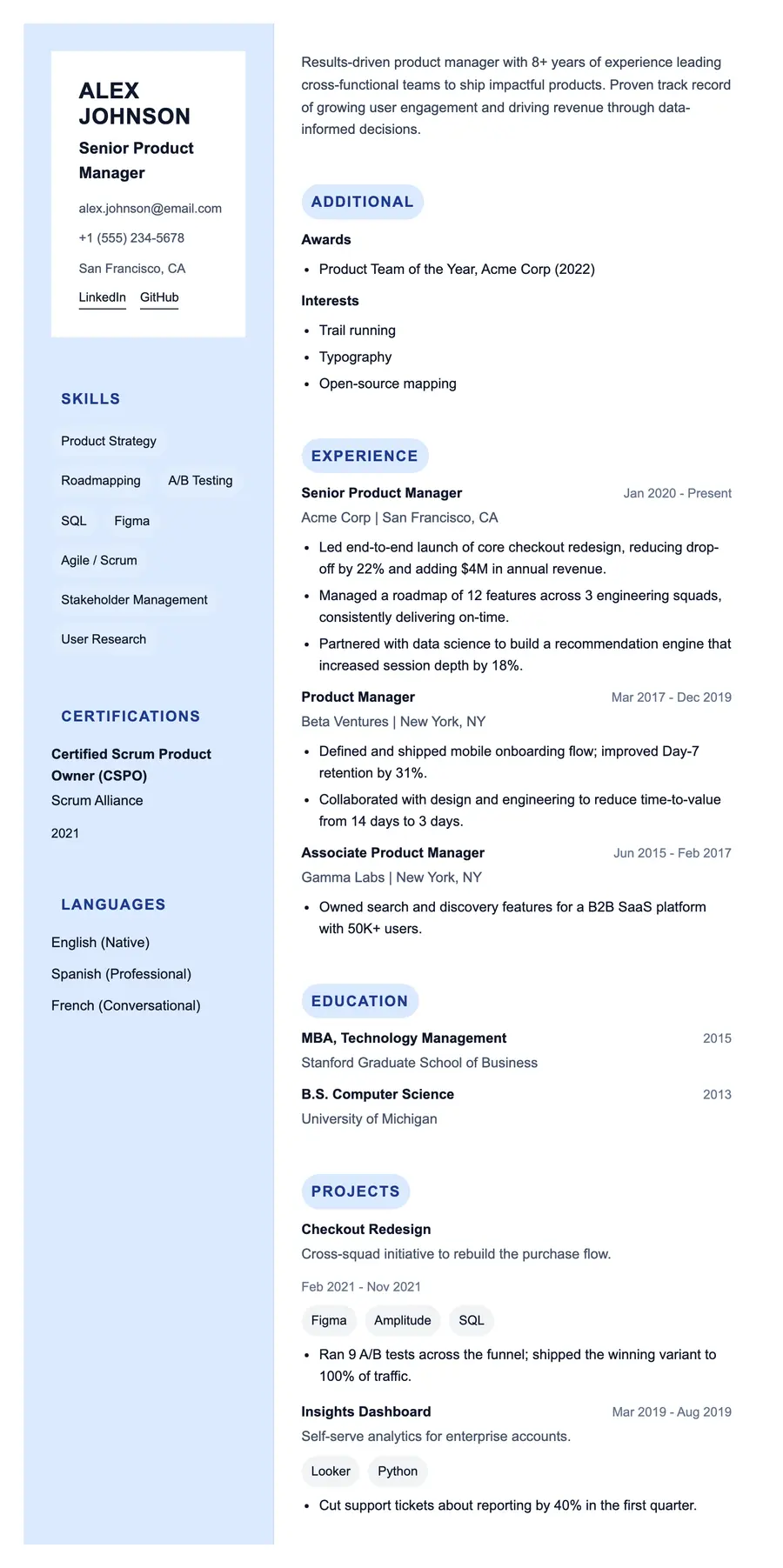 The Regent resume template, shown full size