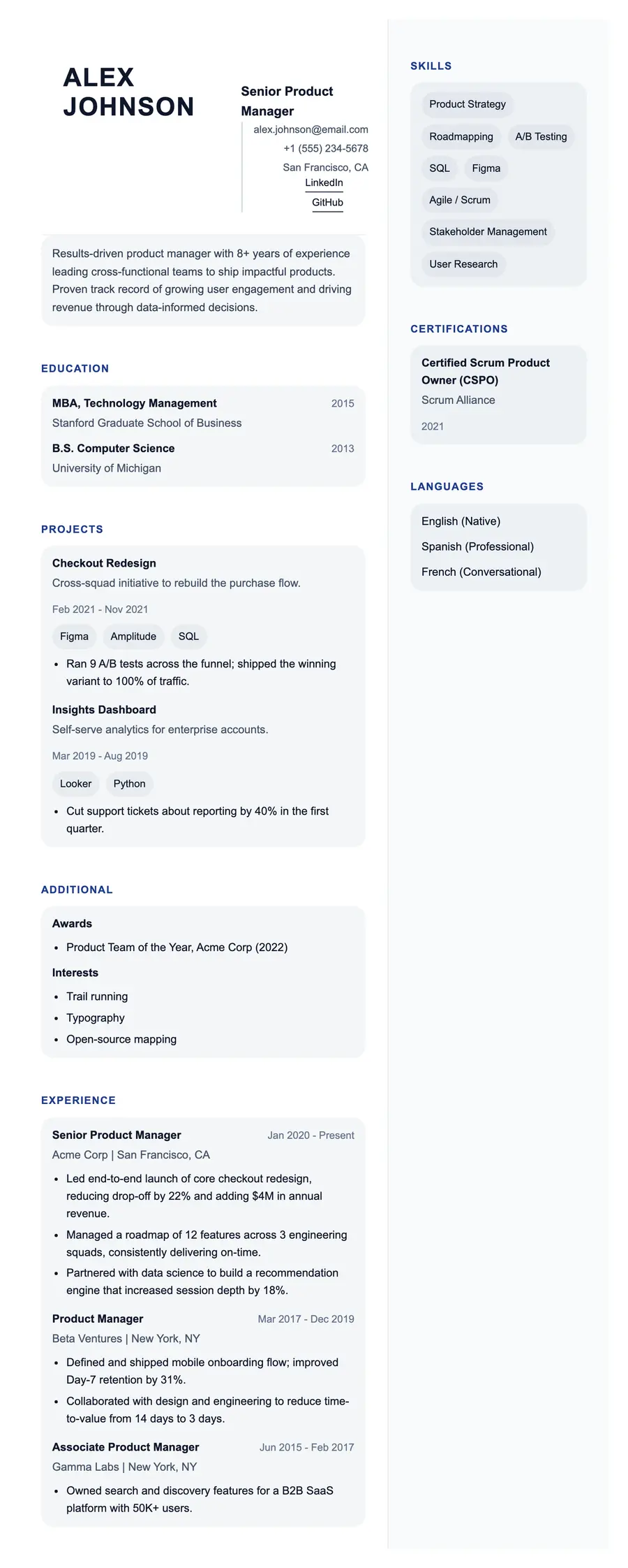 Thornfield resume template, shown full size