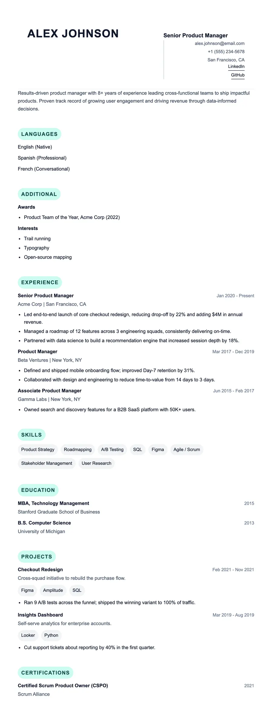 Vide resume template, shown full size